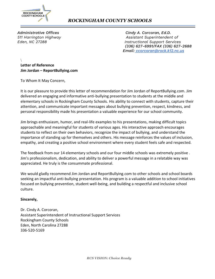 Scanned letter of reference for Jim Jordan on Rockingham County Schools letterhead