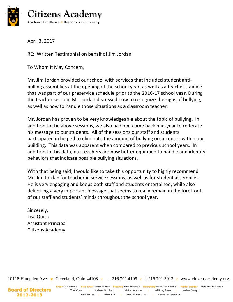 Scanned letter of recommendation for Jim Jordan on Citizens Academy letterhead